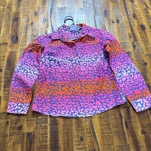 Look Cruel Girl Pink and Orange Leopard Western Pearl Snap Shirt Little Girls M